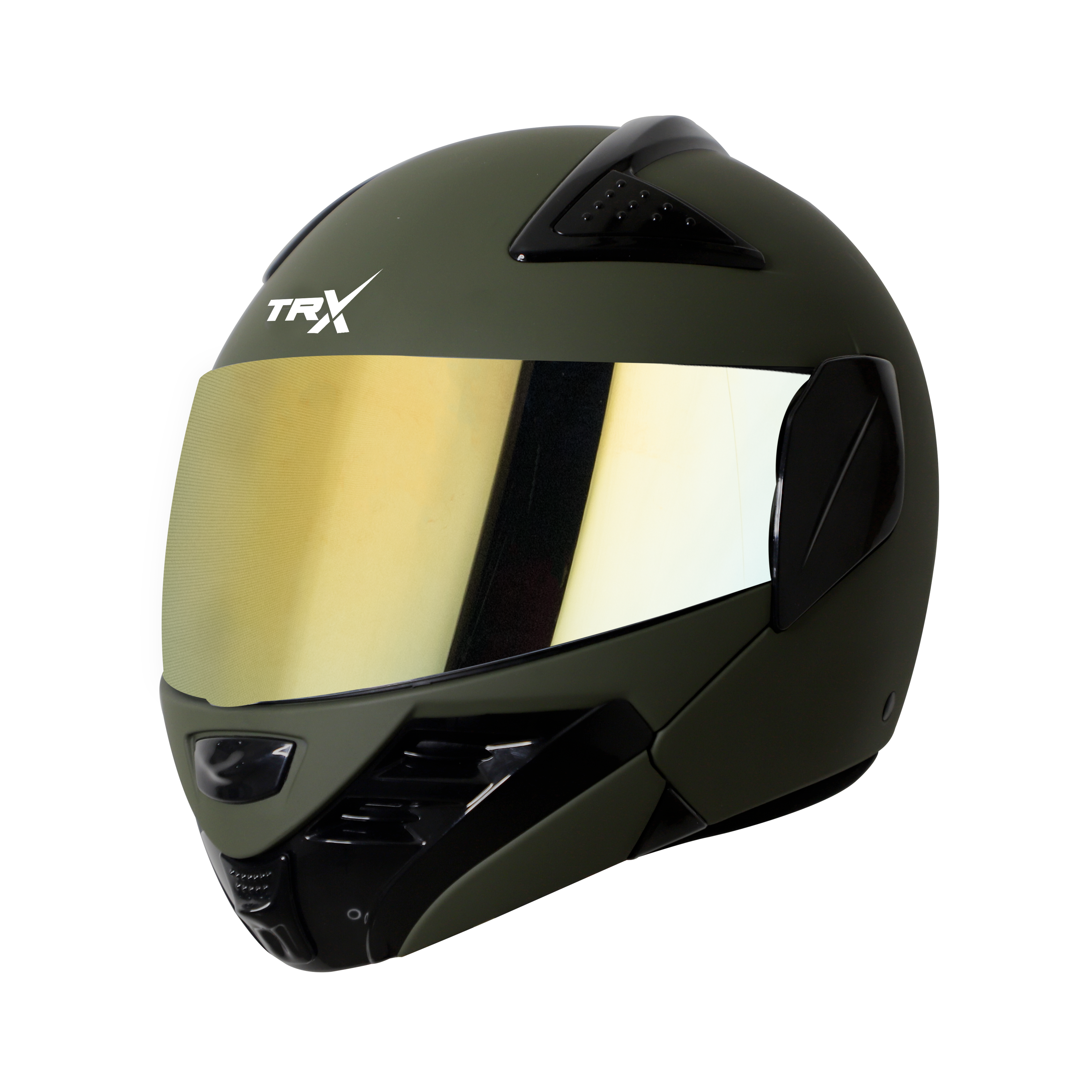 Steelbird SB-34 TRX ISI Certified Flip-Up Helmet for Men and Women (Matt Battle Green with Chrome Gold Visor)